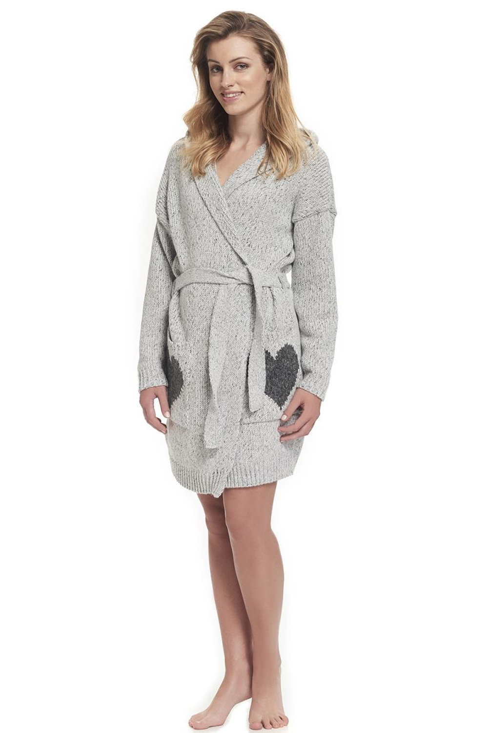 Вязаный халат с сердечками на карманах (Размер: S-M-L) (Цвет: серый)