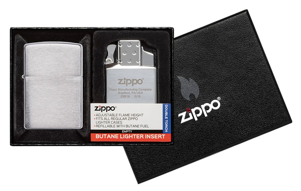 Набор Zippo: зажигалка 200 с покрытием Brushed Chrome и газовый вставной блок с двойным пламенем