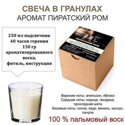 Свеча в гранулах ароматизированная / Пиратский ром / 150 гр воска, подсвечник 250 мл, фитиль