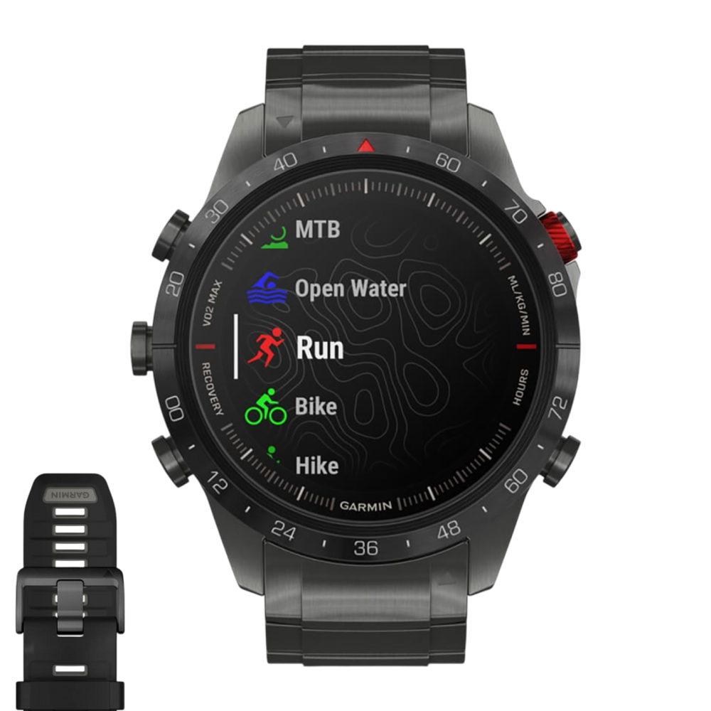 Спортивные часы Garmin MARQ Athlete (Gen 2) Performance Edition, гибридный блочный браслет, силиконовый ремешок цвета «красная плазма» Безель и корпус из титана с DLC-покрытием, AMOLED-дисплей с куполообразным сапфировым стеклом. Блочный браслет из титана