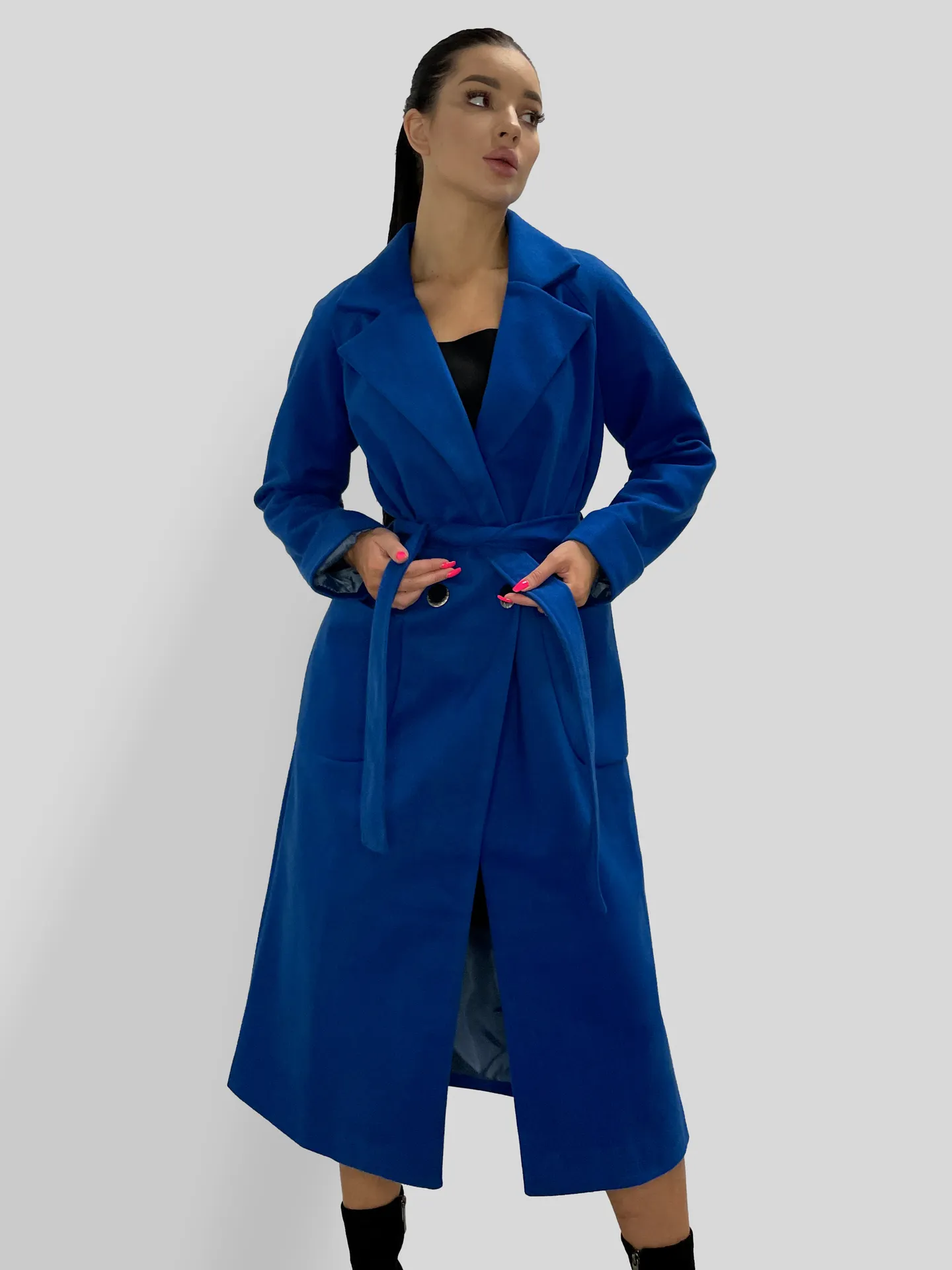 Пальто Hazal двубортное на одну пуговицу с двумя накладными карманами и поясом\Синий Nadya