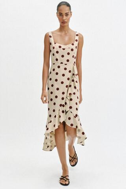 ZARA ПЛАТЬЕ МИДИ В ГОРОШЕК ИЗ СМЕСОВОГО ЛЬНА, ЭКРЮ