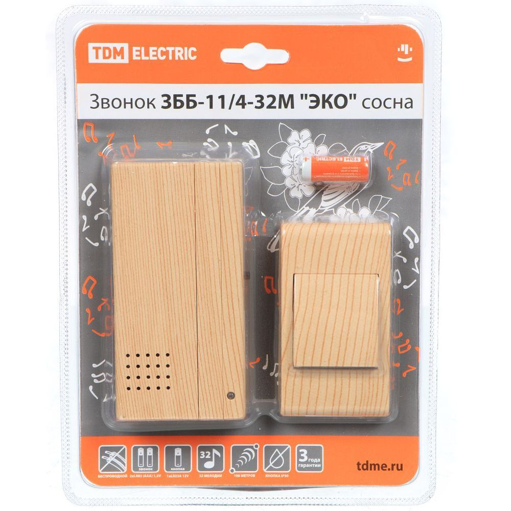 Звонок дверной беспров, на бат, 32мел, кнопка IP30, 2 х 1.5 В, ААА, сосна, TDM, ЗББ-11/4-32М Эко, SQ