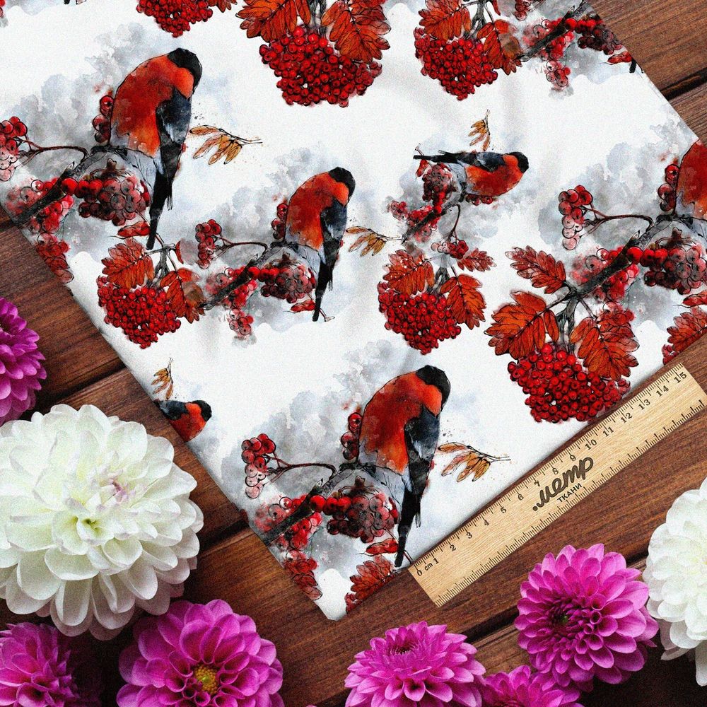 Ткань бифлекс снегири на рябине