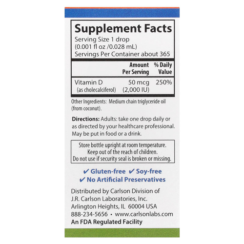 Carlson, Super Daily® D3, 50 мкг (2000 МЕ), 10,3 мл (0,35 жидк. унции)