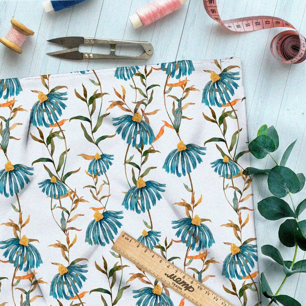 Ткань сатин увядающие васильки с желтеющими стеблями