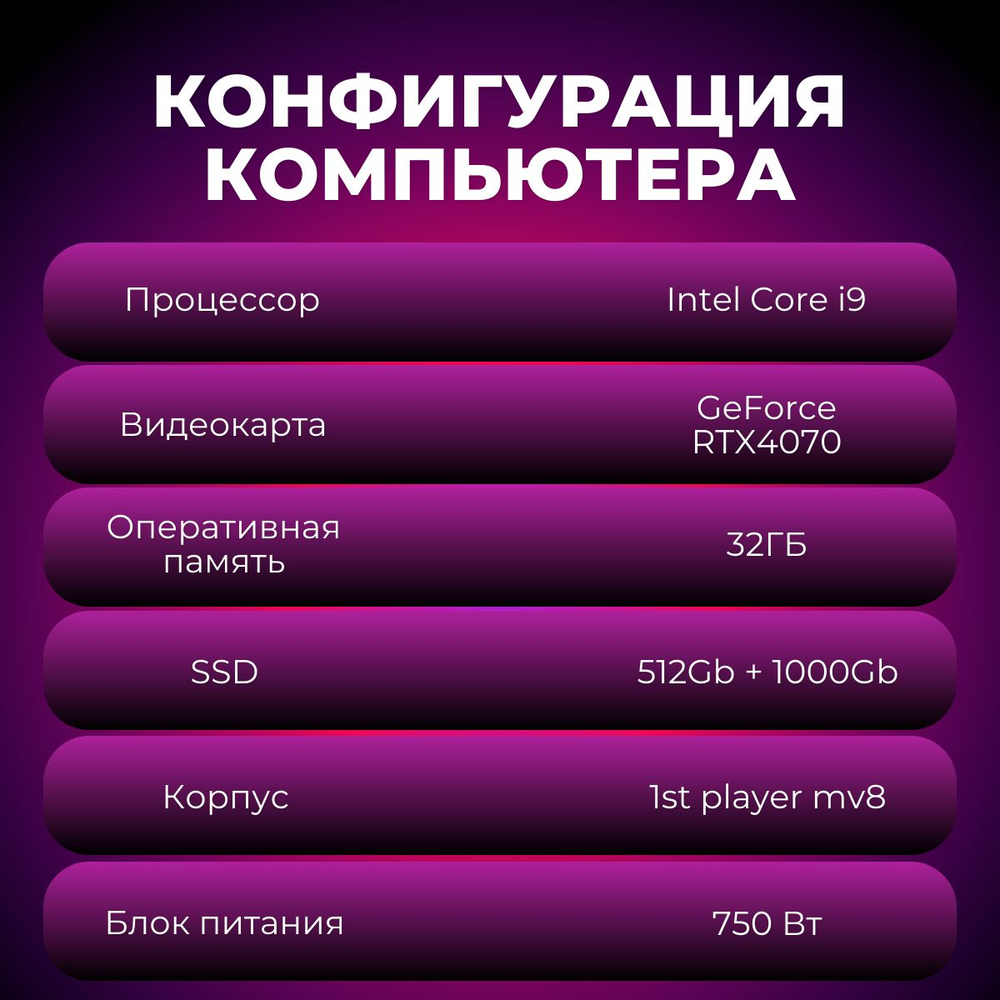 Мощный компьютер (системный блок) Core i9 10900/GeForce RTX4070/32GB/SSD 512 ГБ +1 ТБ/750W/Win 10 PRO