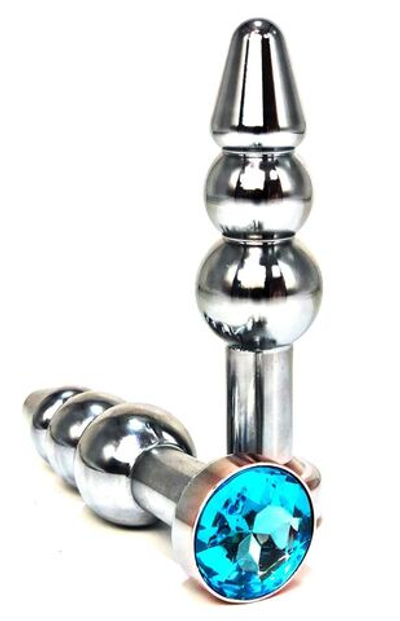 Серебристая коническая анальная пробка-ёлочка с голубым кристаллом - 11 см. (Цвет: голубой)