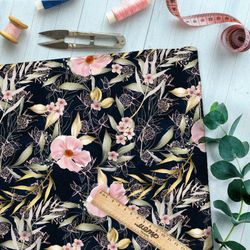 Ткань оксфорд 600 маслом нарисованные цветы, листва и клевер