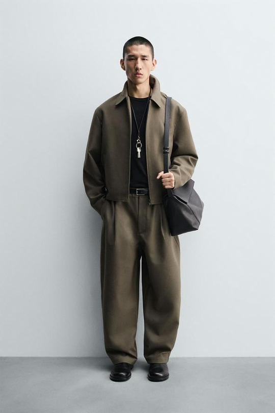 ZARA БРЮКИ BALLOON FIT С ЗАЩИПАМИ, ХАКИ