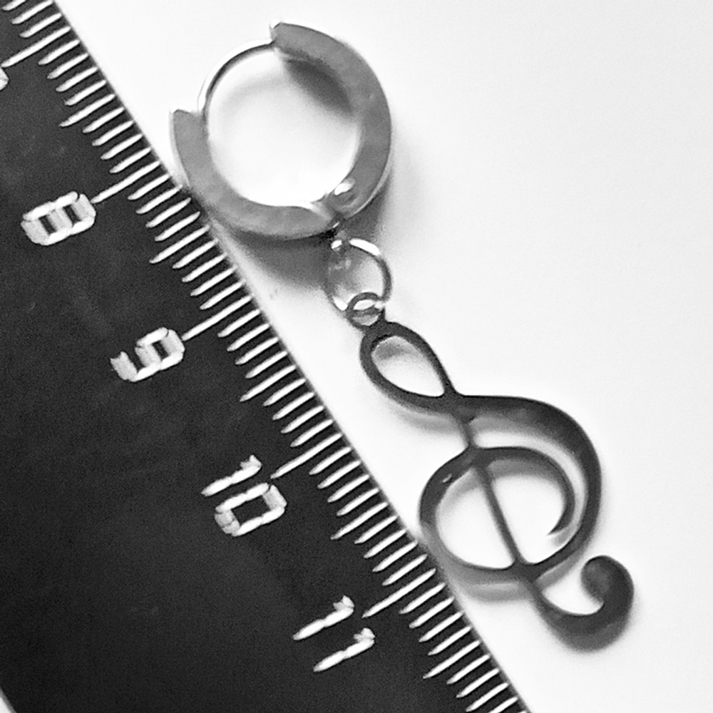 Серьга кольцо с подвеской "Скрипичный ключ" (25х14мм) для пирсинга уха. Медицинская сталь. Цена за одну штуку!