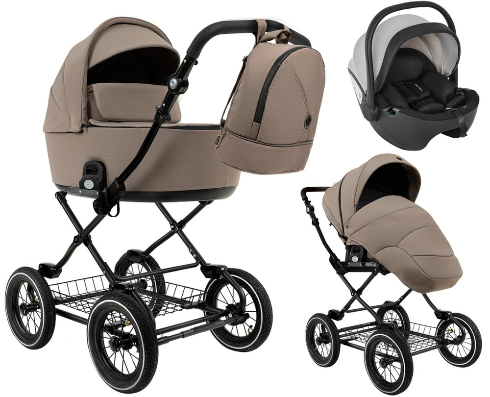 Детская коляска Roan Bass Next Classic d12 2.0 3 в 1 с автокреслом Pituso Baesa Pro Black,Beige Canopy BNC/80/2 Hazel/Black/руч.Black
