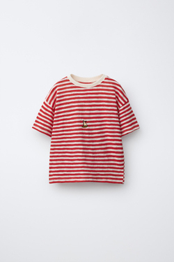ZARA ФУТБОЛКА В ПОЛОСКУ С ВЫШИВКОЙ «РЫБА», КРАСНЫЙ