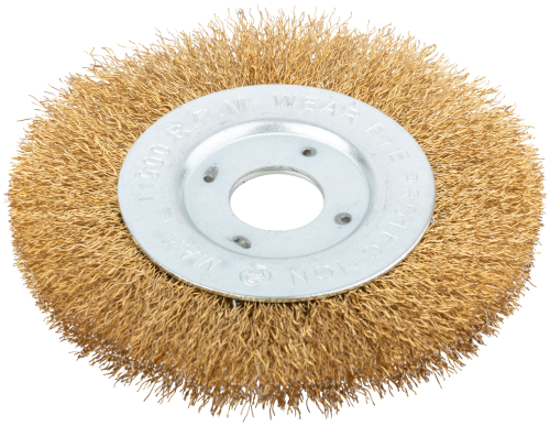 Корщетка-колесо, посадочный диаметр 22,2 мм, стальная латунированная волнистая проволока 125 мм 39065