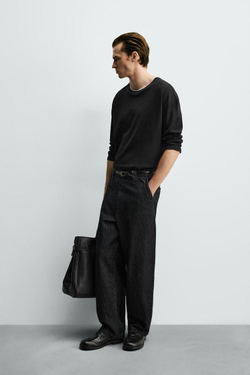 ZARA ФУТБОЛКА С ДВОЙНЫМИ КОНТРАСТНЫМИ ДЕТАЛЯМИ, ЧЕРНЫЙ