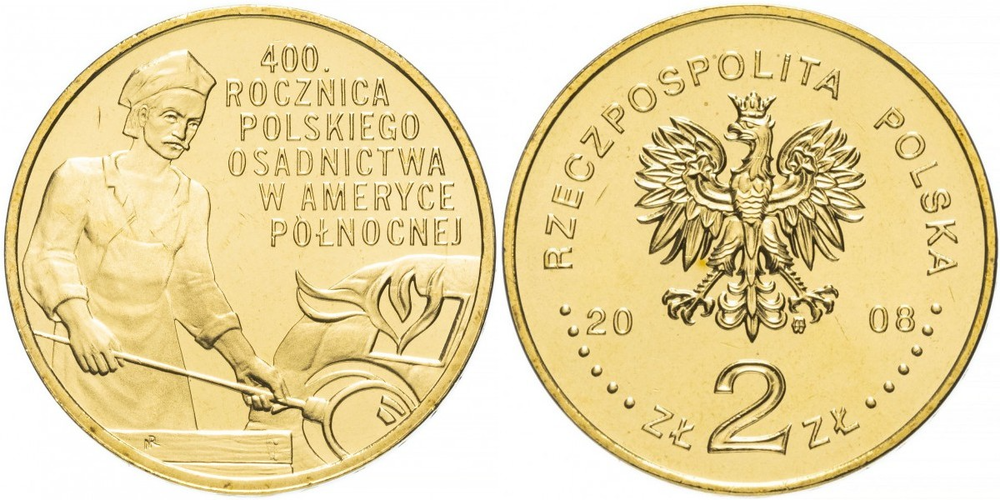 Польша 2 злотых, 2008 400 лет польским поселениям в Северной Америке aUNC