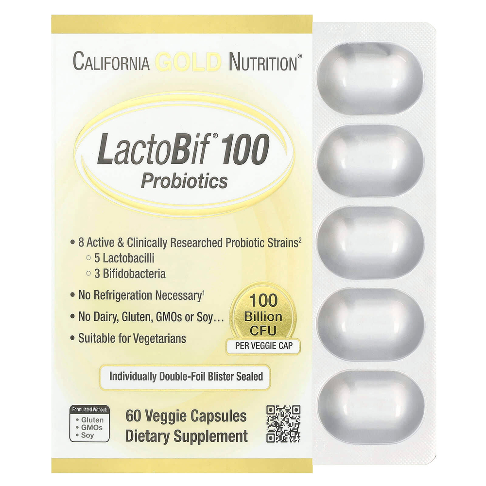 California Gold Nutrition, LactoBif® 100, пробиотики, 100 млрд КОЕ, 60 растительных капсул