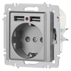 Розетка Intro Accent 6-410-03 с заземлением 2P+E Schuko со шторками 16А-250В + 2хUSB IP20 СУ алюминий