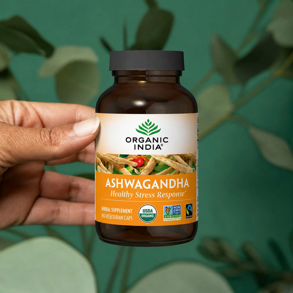 Organic India, ашваганда, 180 вегетарианских капсул (400 мг в 1 капсуле)