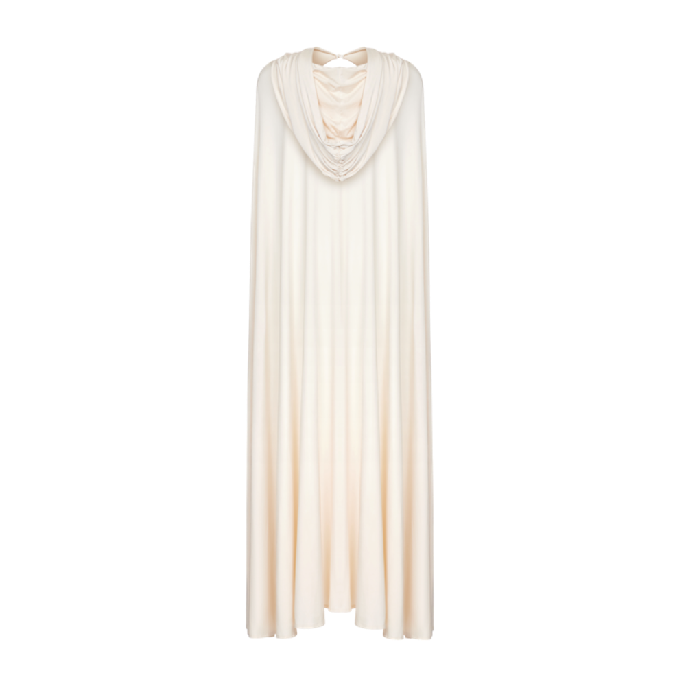 Платье мини с драпировками, капюшоном и кейпом из трикотажа