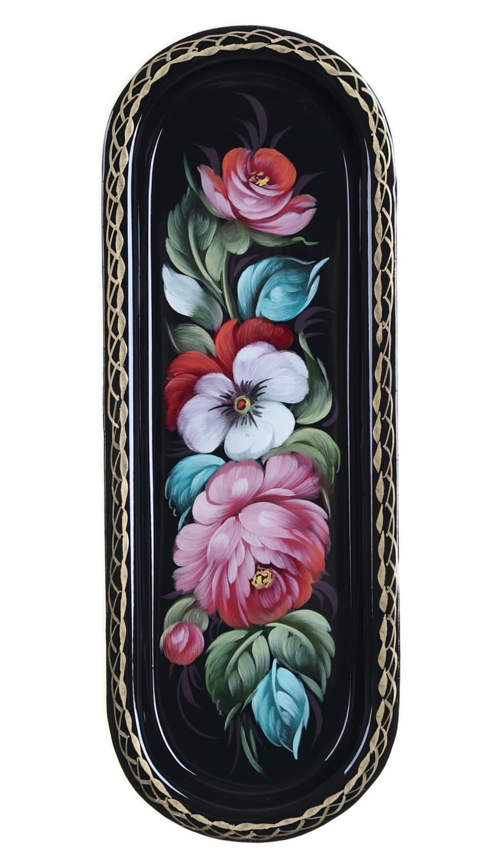 Жостовский поднос декоративный, размер 21х8 см (A4), металлический