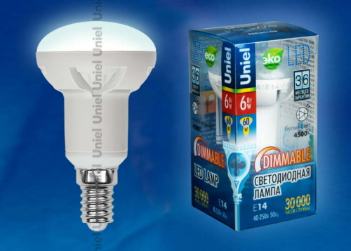 LED-R50-6W/NW/E14/FR/DIM ALP01WH Лампа светодиодная диммируемая. Форма рефлектор, матовая колба. Материал корпуса алюминий. Цвет свечения белый. Сер