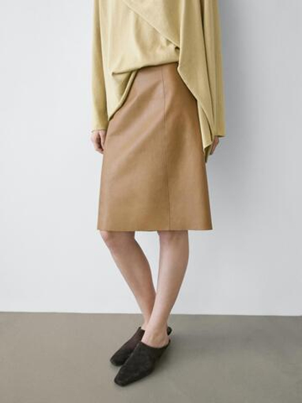 Massimo Dutti Мини-юбка из кожи наппа, цвет верблюжьей шерсти