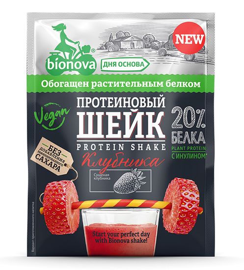 Протеиновый шейк "Bionova" с клубникой, 25г. (шоубокс 14шт)