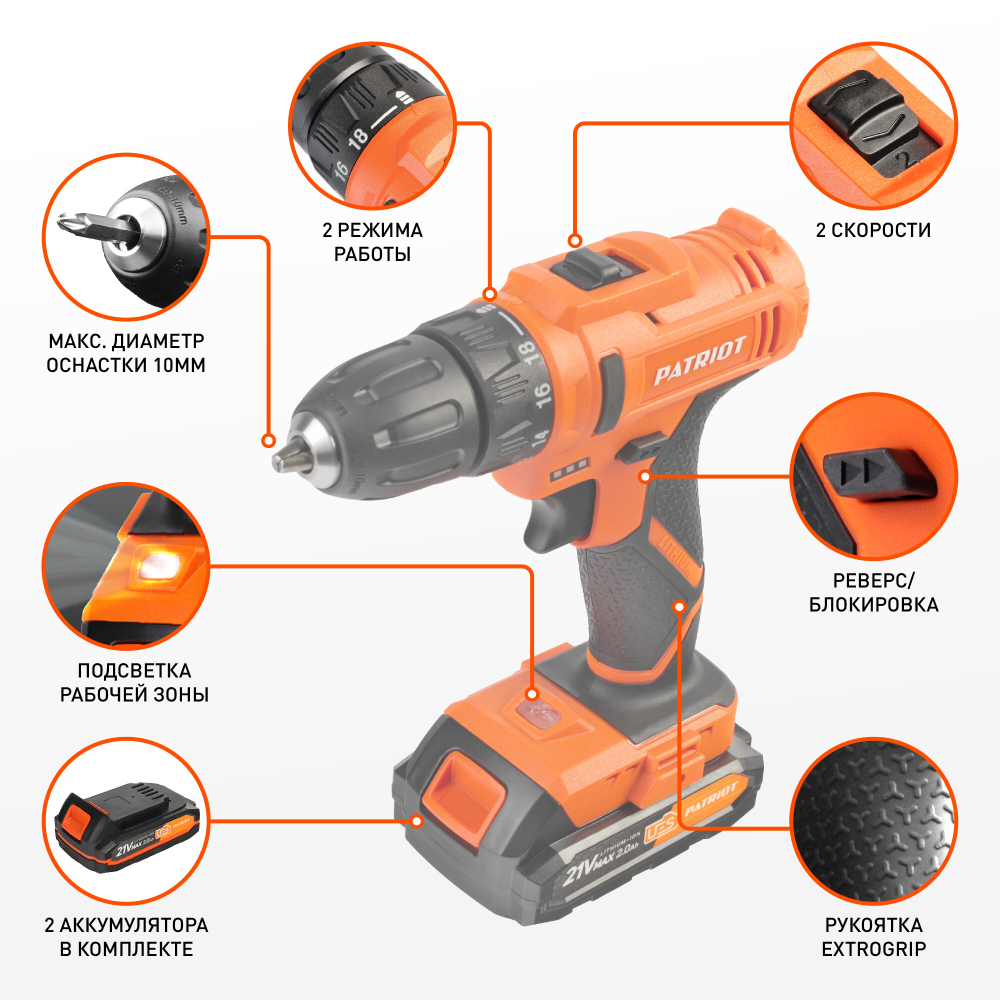 Дрель-шуруповерт акк.PATRIOT BR 189UES, две АКБ Li-Ion 18В, 2,0 Ач, 29Нм, кейс (180301549)