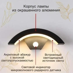 Светильник настенный светодиодный, бра, уличный фонарь с датчиком движения, влагозащищенный IP65,18 Вт, черный 4000K