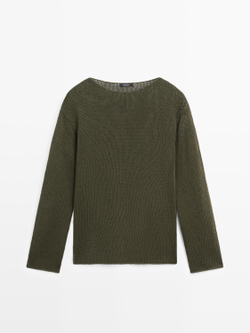 Massimo Dutti Свитер из смесового хлопка с ажурным узором, темно-зеленый