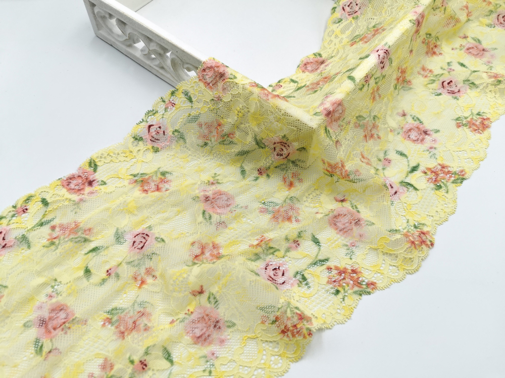 Эластичное кружево, цветочный принт на желтом, 22 см, (Арт: EK-2788), м