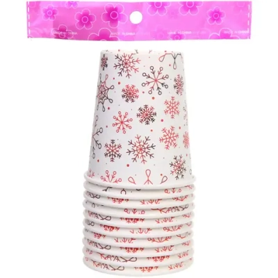 Стакан бумажный 0,2л в наборе 10 шт «Снежные искры», красный