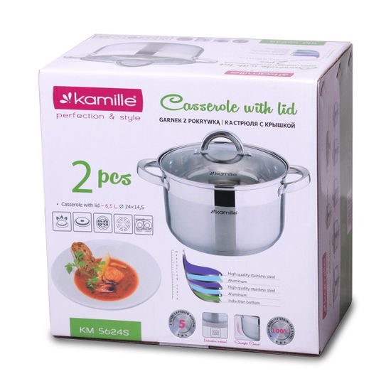 Кастрюля 6,5 л. из нержавеющей стали Kamille KM 5624S с крышкой