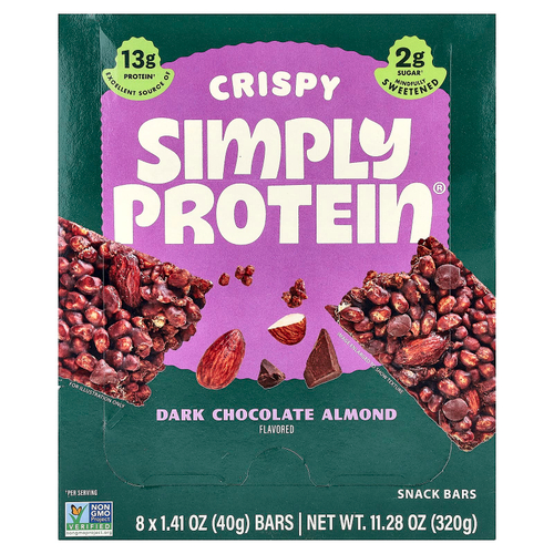 Simply Protein, хрустящие батончики, темный шоколад и миндаль, 8 батончиков по 40 г (1,41 унции)