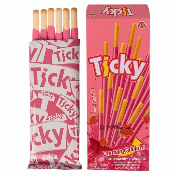 Печенье Unifirms Ticky High Calcium Strawberry Flavoured Biscuit Coated with Strawberry Cream бисквитные палочки с высоким содержанием кальция покрытые клубничным кремом 18 г