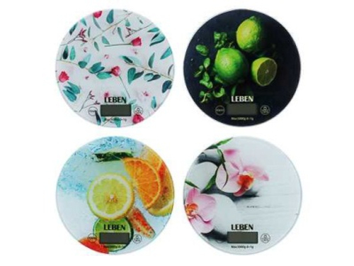Весы кухонные электронные LEBEN нагрузка до 5кг стекло с дизайном круглые (24шт/кор)