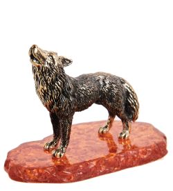 Народные промыслы AM- 970 Фигурка «Волк, воющий на луну» (латунь, янтарь)