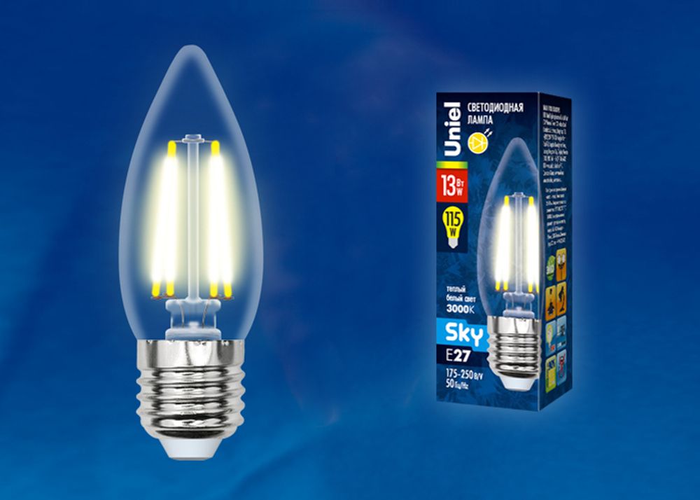 LED-C35-13W/3000K/E27/CL PLS02WH Лампа светодиодная. Форма свеча, прозрачная. Серия Sky. Теплый белый свет (3000К). Картон. ТМ Uniel.