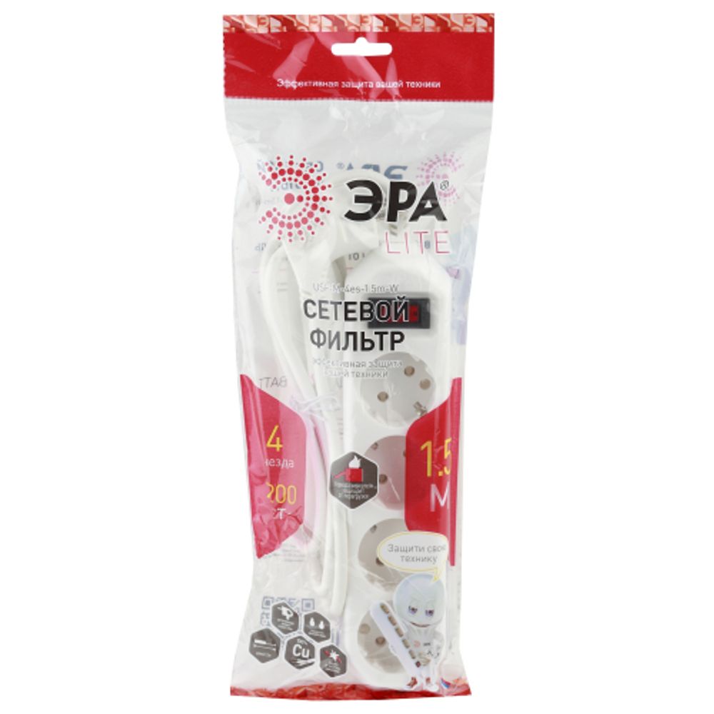 Сетевой фильтр ЭРА USF-M-4es-1.5m-W с защитой (термо) с заземлением с выключателем 4 розетки 1,5м 10А белый | Электротовары