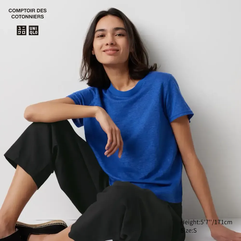 UNIQLO ФУТБОЛКА С КРУГЛЫМ ВЫРЕЗОМ И КОРОТКИМИ РУКАВАМИ, СИНИЙ