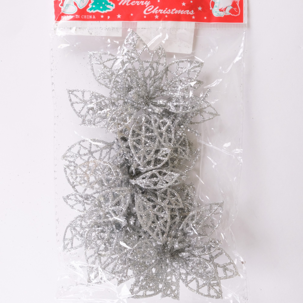 Украшение SY17GJ-057S цветок пуансетия 10см,серебро (6шт)