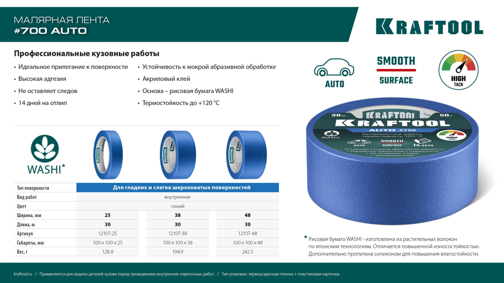 KRAFTOOL #700 Auto 48 мм х 50 м, для авторемонтных работ, малярная лента (12107-48)