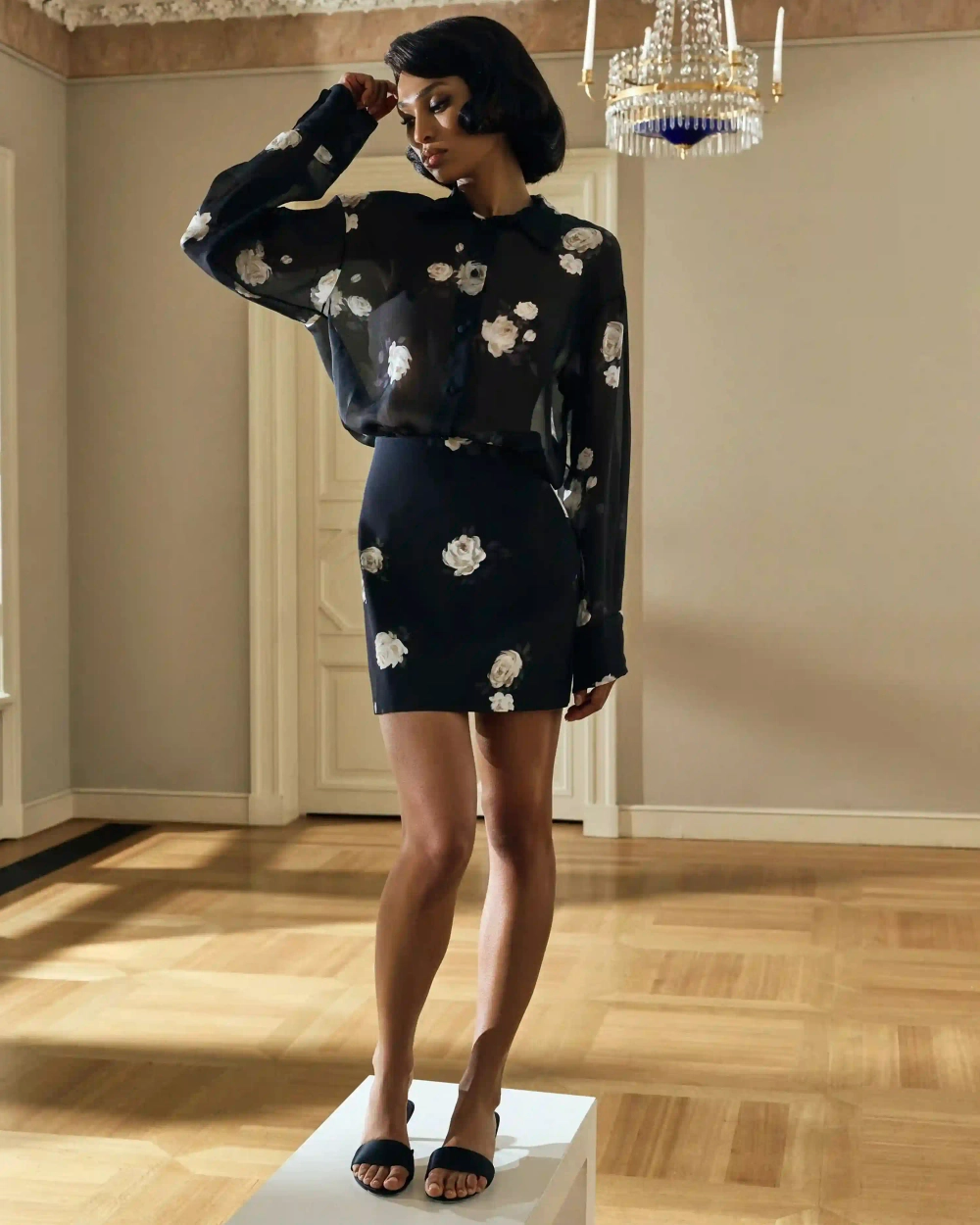 Мона мини (Mona mini), юбка мини из черного атласа с цветочным принтом