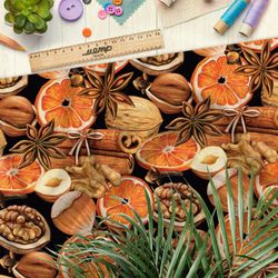 Ткань габардин апельсины, корица и орехи на чёрном фоне