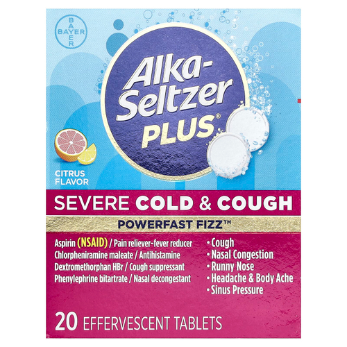 Alka-Seltzer Plus, Power Fast Fizz™, кашель и простуда, тяжелая форма, цитрус, 20 шипучих таблеток