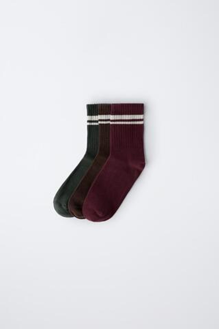 ZARA НАБОР ИЗ ТРЕХ ПАР ДЛИННЫХ НОСКОВ В ПОЛОСКУ, КОРИЧНЕВЫЙ