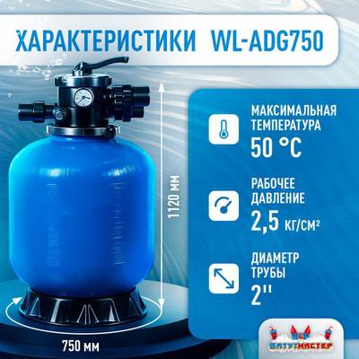 Песочный фильтр WL-ADG750 для бассейна до 176 м³, до 230 кг песка, до 22000 л/ч