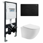 Унитаз подвесной Abber Bequem AC1100T-AC0105-AC0121MB белый, безободковый, с инсталляцией, с крышкой микролифт, слив-торнадо, с черной матовой кнопкой