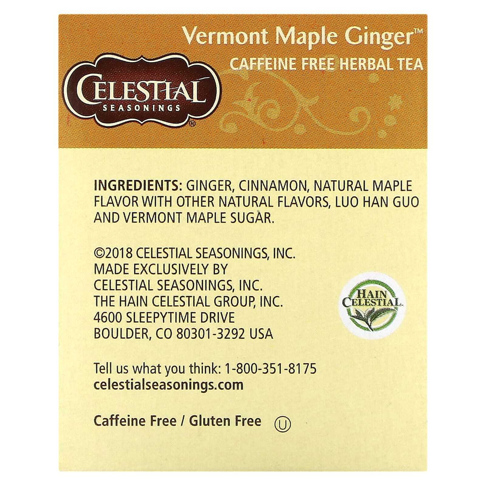 Celestial Seasonings, травяной чай, вермонтский кленовый сироп и имбирь, без кофеина, 20 чайных пакетиков, 31 г (1,1 унции)